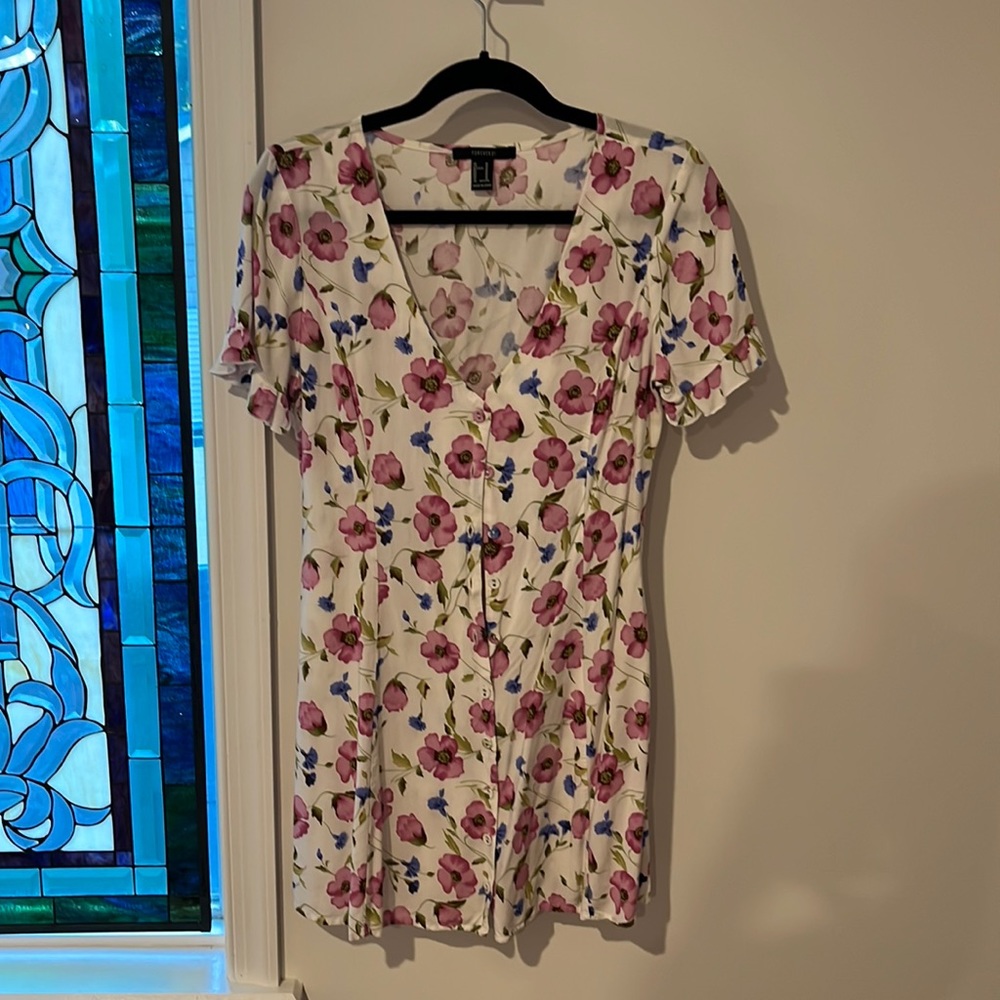 Floral ruffle sleeve button down dress